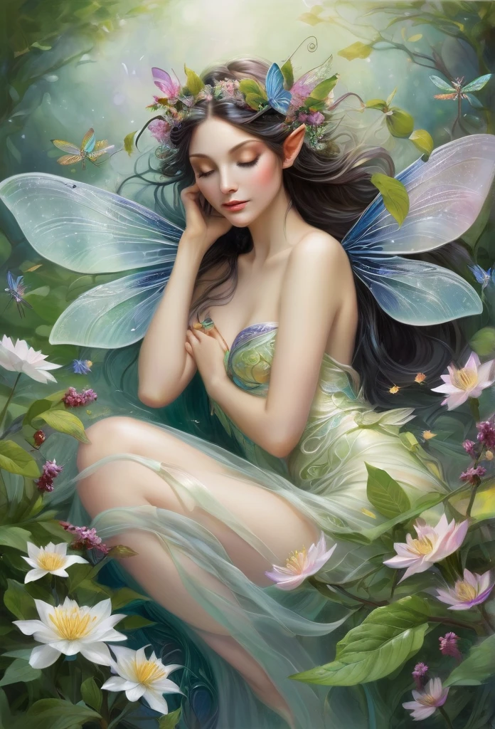 faerie,(fully body),elf ears,dragonfly wings, sensually laying down sleeping on flowers,hair decorated with flowers, Branches and Leaves,around a scene of magic,with flowers,a bit of mist(high qualiy),(refined details),(work of art)(monet style)