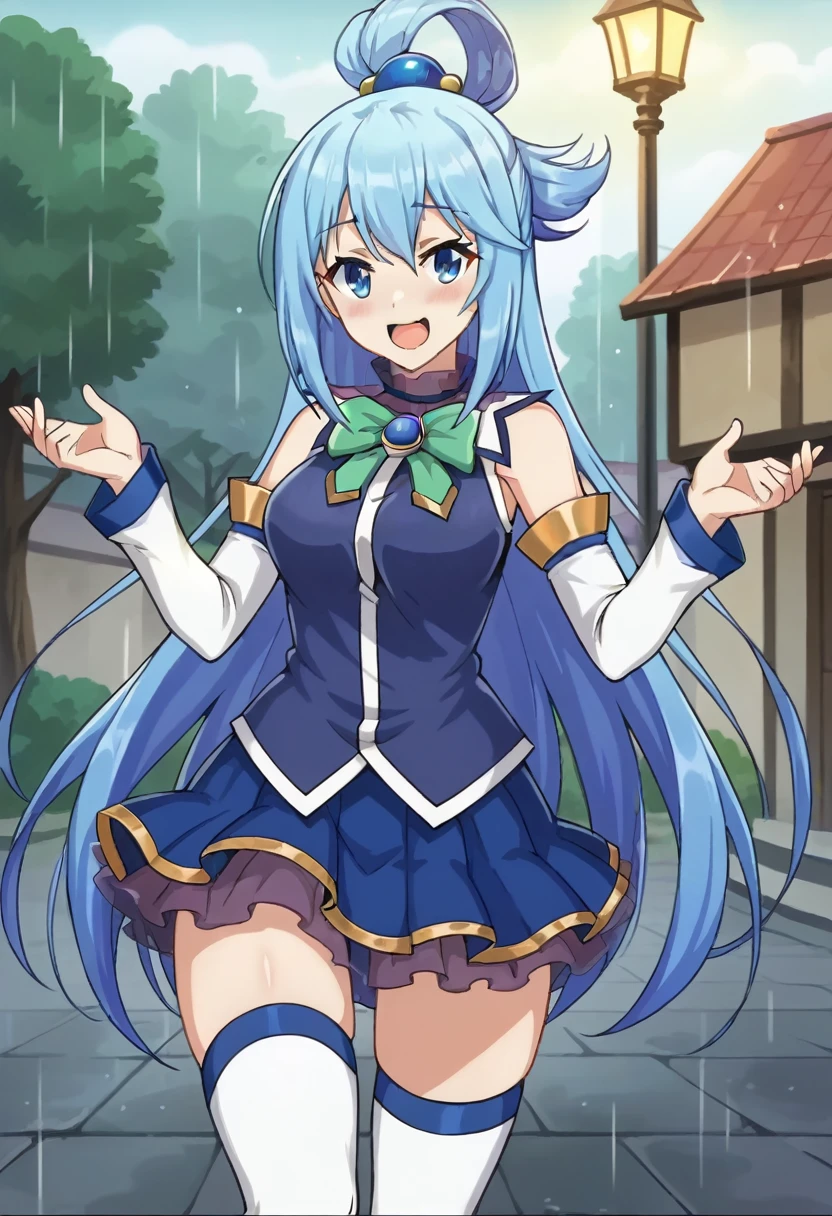 core_9, score_8_up, score_7_up, score_6_up, BREAK source_anime,aqua /(konosuba/), long hair, blue eyes, hair ornament, very long hair, blue hair, hair rings, single hair ring, blue skirt, blue shirt, thighhighs, bare shoulders, detached sleeves, white thighhighs, green bow, blue boots BREAK 1girl, dancing in the rain, detailed eyes, happy, anime screencap, cowboy shot, on the outskirts of Axel, raining