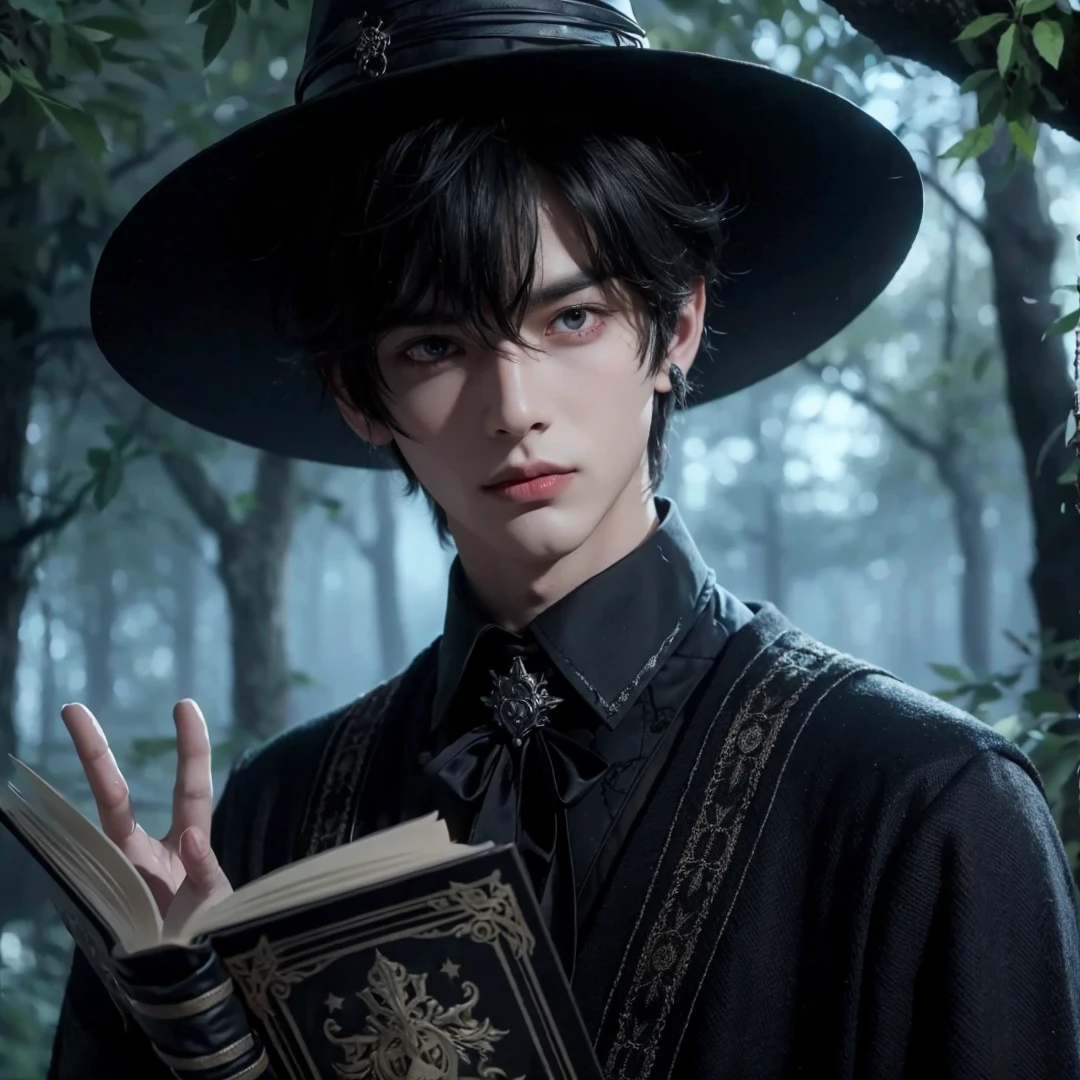 Handsome boy, black hair, red eyes, wearing black witch hat, wearing black witch clothes, holding a black magic book, magic forest background