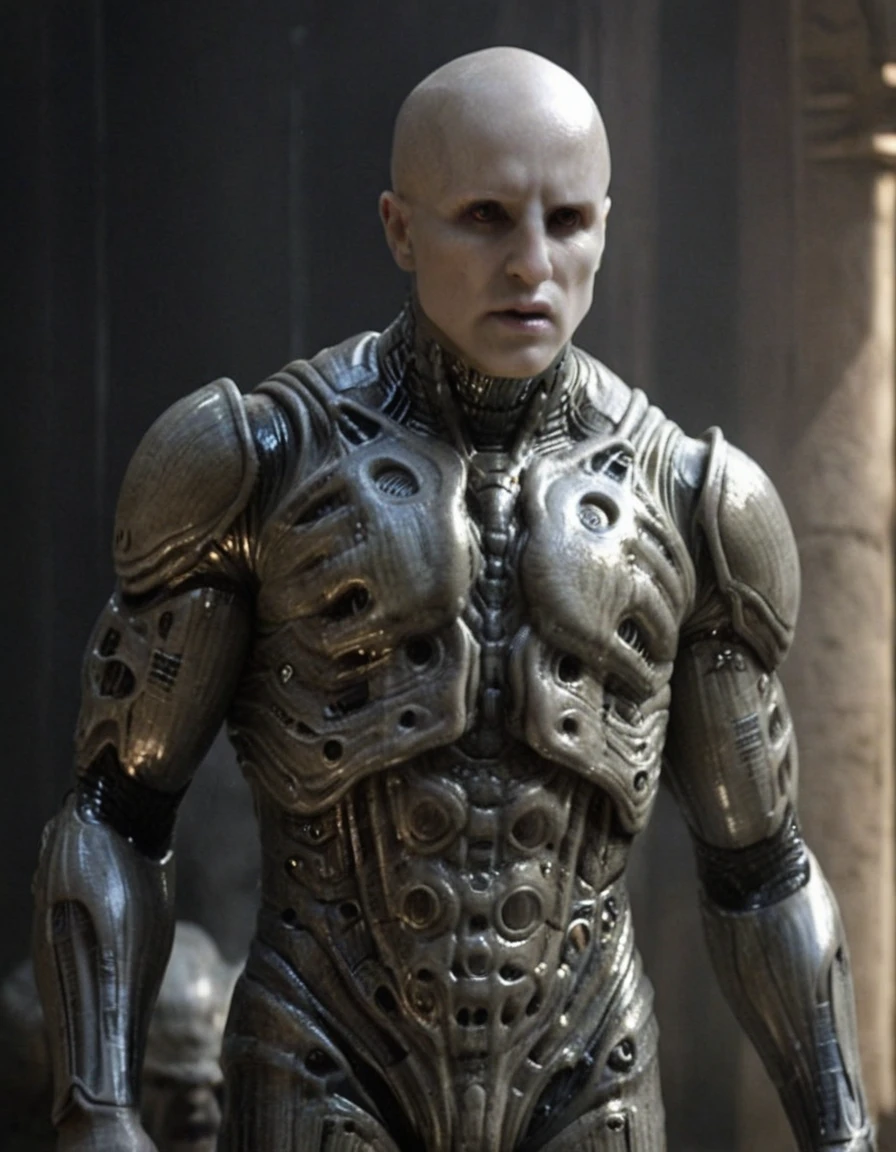 Engineer1024, cinematic movie still of the Prometheus movie by Ridley Scott, a bald pale semi-alien male with dark black  eyes, ivory bio-metallic-bone armor inspired by H. R. Giger, extremely detailed pale skin with visible respiratory pores, in a dynamic pose, angry expression,
extremely high quality RAW photograph, exquisite details and textures, highly detailed, ultra detailed photograph, dramatic cinematic lighting, 4k,
highest resolution, (bokeh:1.3), (best quality, masterpiece:1.3), ultra high res, 16k unity wallpaper, intricate details, highest detailed, sharp focus, extreme shadow-play, low key, backlit, (filmgrain:1.3)
dramatic full body shot, wide angle view
ancient ruins of an otherworldly alien planet , dusty atmospheric haze, mesmerizing fog, dark pastel colors
