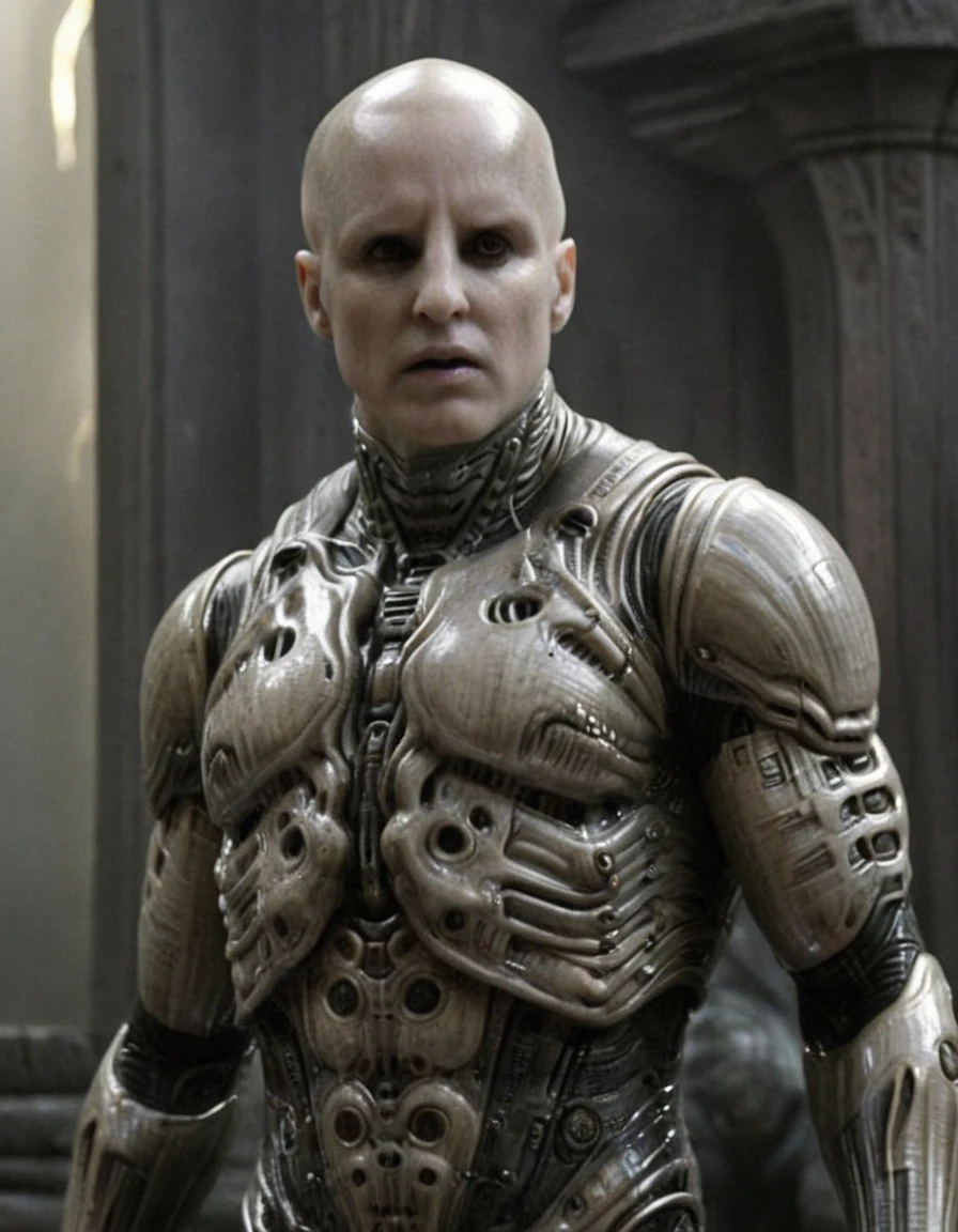 Engineer1024, cinematic movie still of the Prometheus movie by Ridley Scott, a bald pale semi-alien male with dark black  eyes, ivory bio-metallic-bone armor inspired by H. R. Giger, extremely detailed pale skin with visible respiratory pores, in a dynamic pose, angry expression,
extremely high quality RAW photograph, exquisite details and textures, highly detailed, ultra detailed photograph, dramatic cinematic lighting, 4k,
highest resolution, (bokeh:1.3), (best quality, masterpiece:1.3), ultra high res, 16k unity wallpaper, intricate details, highest detailed, sharp focus, extreme shadow-play, low key, backlit, (filmgrain:1.3)
dramatic full body shot, wide angle view
ancient ruins of an otherworldly alien planet , dusty atmospheric haze, mesmerizing fog, dark pastel colors
