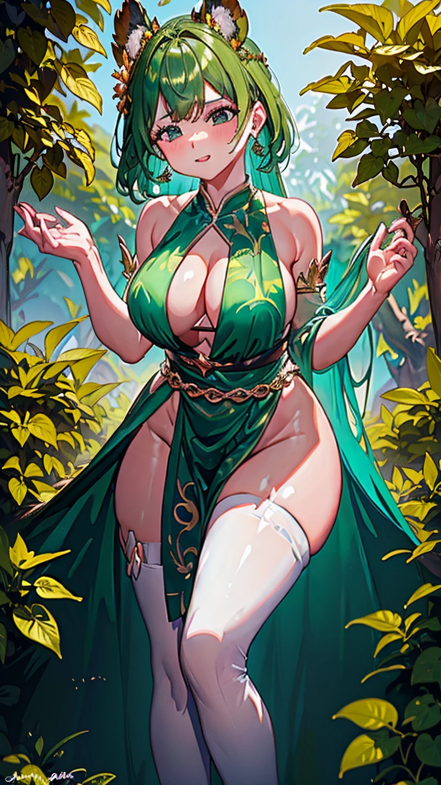 From the dense jungle floor, the jade-green Giantess Goddess with amber eyes towers over the treetops in a gown of woven leaves and vines. Her steps crush everything in her path, and normal-sized humans are no match for her strength. She scoops them up with ease, their futile struggles only heightening her arousal. "Fight all you want," she taunts, "it just makes it more fun."