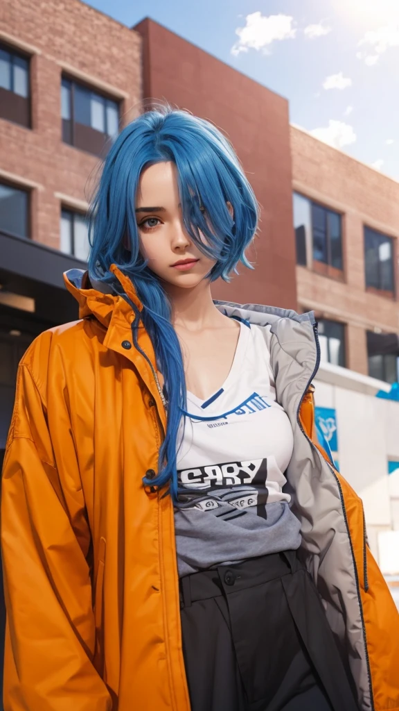 Cute girl with blue hair and orange jacket standing in front of a building, realistic
