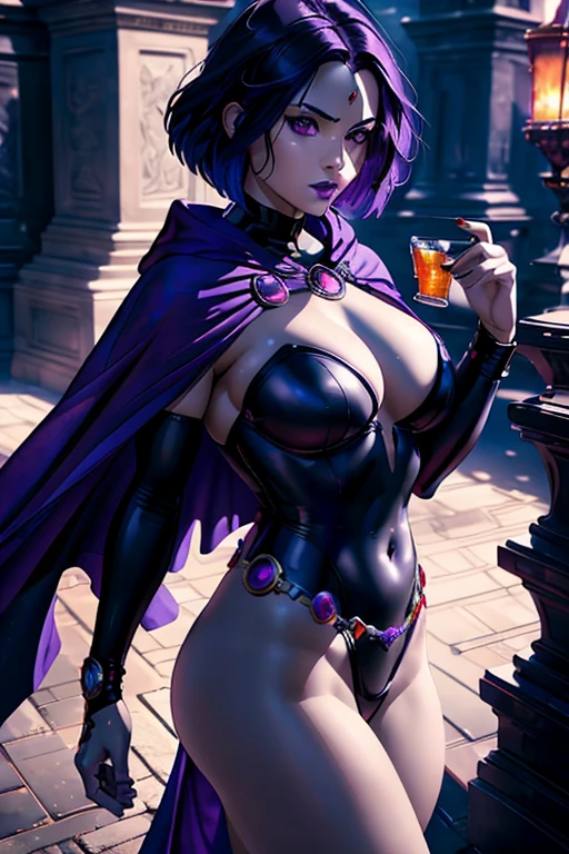 masterpiece, best quality, , raven \(dc\), raven from  titans, 1girl, superhero, black leotard,
masterpiece, best quality, highest quality, cinematic lighting, (volumetric lighting), extremely detailed CG unity 8k wallpaper, focused, 8k wallpaper, 4k wallpaper, extremely detailed, ultra realistic, photorealistic, sharp focus, absurdres, (HDR:1.2), (high contrast), photograph, detailed and intricate, Instagram, vibrant, 4K HQ, sharp focus, (Ultra realistic [[photo]], detailed face:1.0), (detailed eyes:1.0), (realistic photo:1.1), (masterpiece:1.0), detailed background, (full body),  texture, textured hair, 
purple hair, short hair, large breasts, purple cape, red eyes, (nude), round ass,