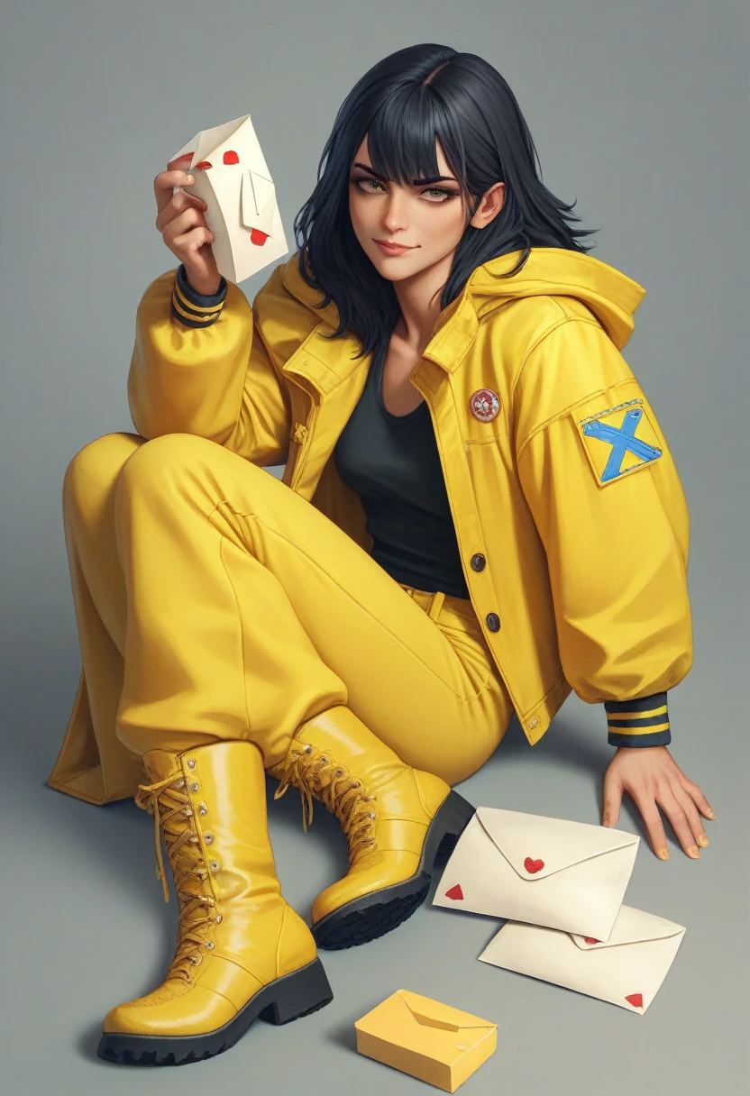 naughty man, Bblack hair, carton, 3d, best qualityer, X Letter, yellow jacket, 2048, yellow boots, yellow backdrop