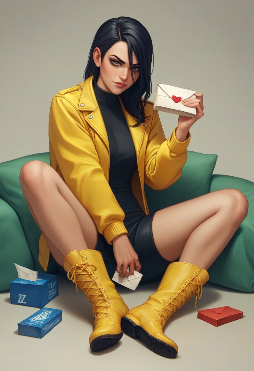 naughty man, Bblack hair, carton, 3d, best qualityer, X Letter, yellow jacket, 2048, yellow boots, yellow backdrop