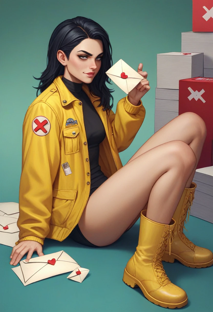 naughty man, Bblack hair, carton, 3d, best qualityer, X Letter, yellow jacket, 2048, yellow boots, yellow backdrop