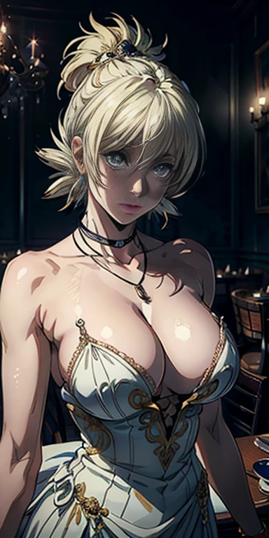 Anime style, Painting, absurderes、perfect anatomia、Lucy、wearing luxury gown , hair ornament, necklace, jewelry, restaurant scene, Masterpiece, RAW Photography, 8k, Top Quality, Fine Pore, Photorealistic, Ultra Detailed, (high skin detail:1.2),Extremely detailed,Intricate, sharp-focus, seras