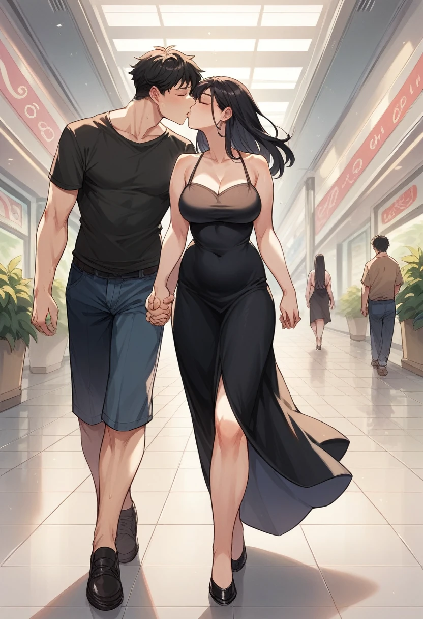 Chubby japanese sexy mature woman (50 years old), long straight black hair, sexy mini black dress, sexy neckline, walking with tall man, walking in a mall, walking holding hands, horny expression, kissing