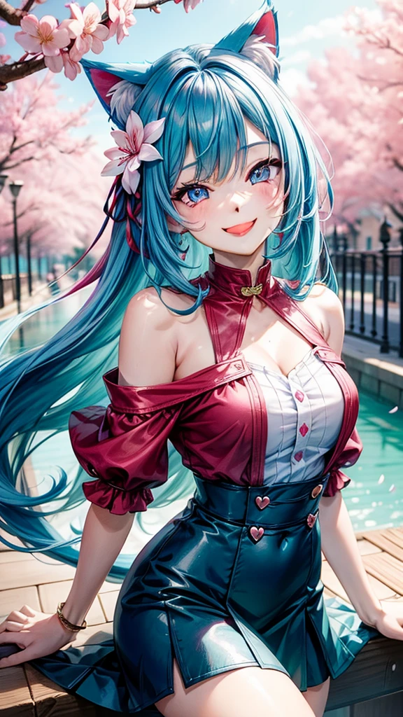 Half Red and blue  hair, pink eyes, woman, teal blue gold clothes,happy face, sexy, cat ears, hearts, floating hearts, face only,  long hair, smiling, cherry blossom, hair ornament