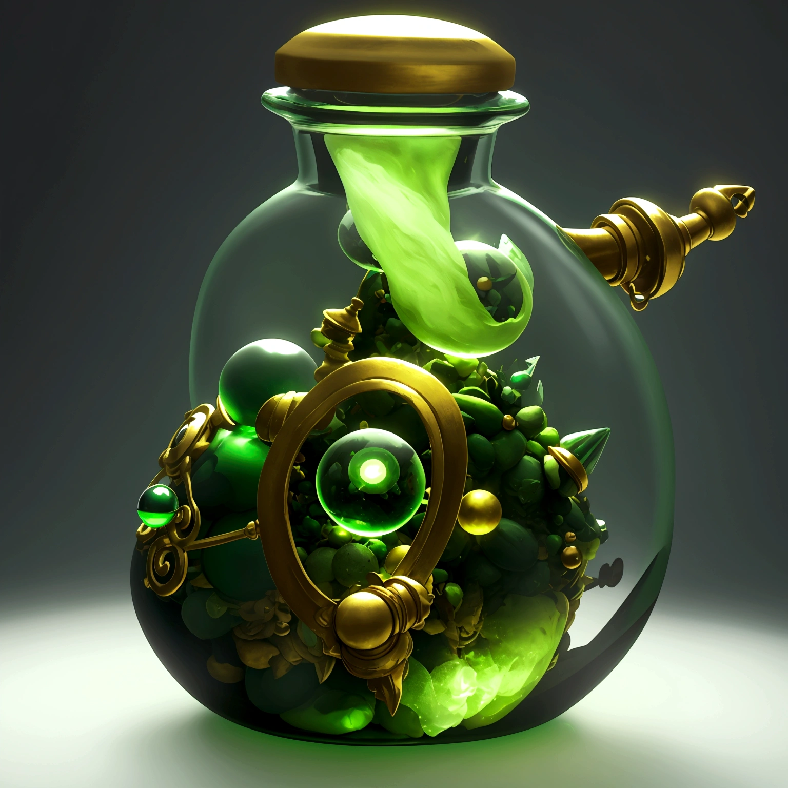 thick circular glass bottle with green potion, golden pokeball stopper on top