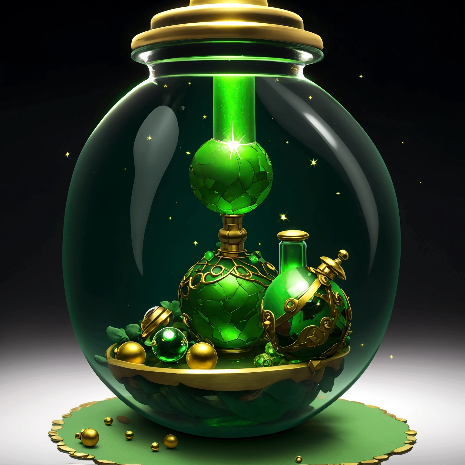 thick circular glass bottle with green potion, golden pokeball stopper on top