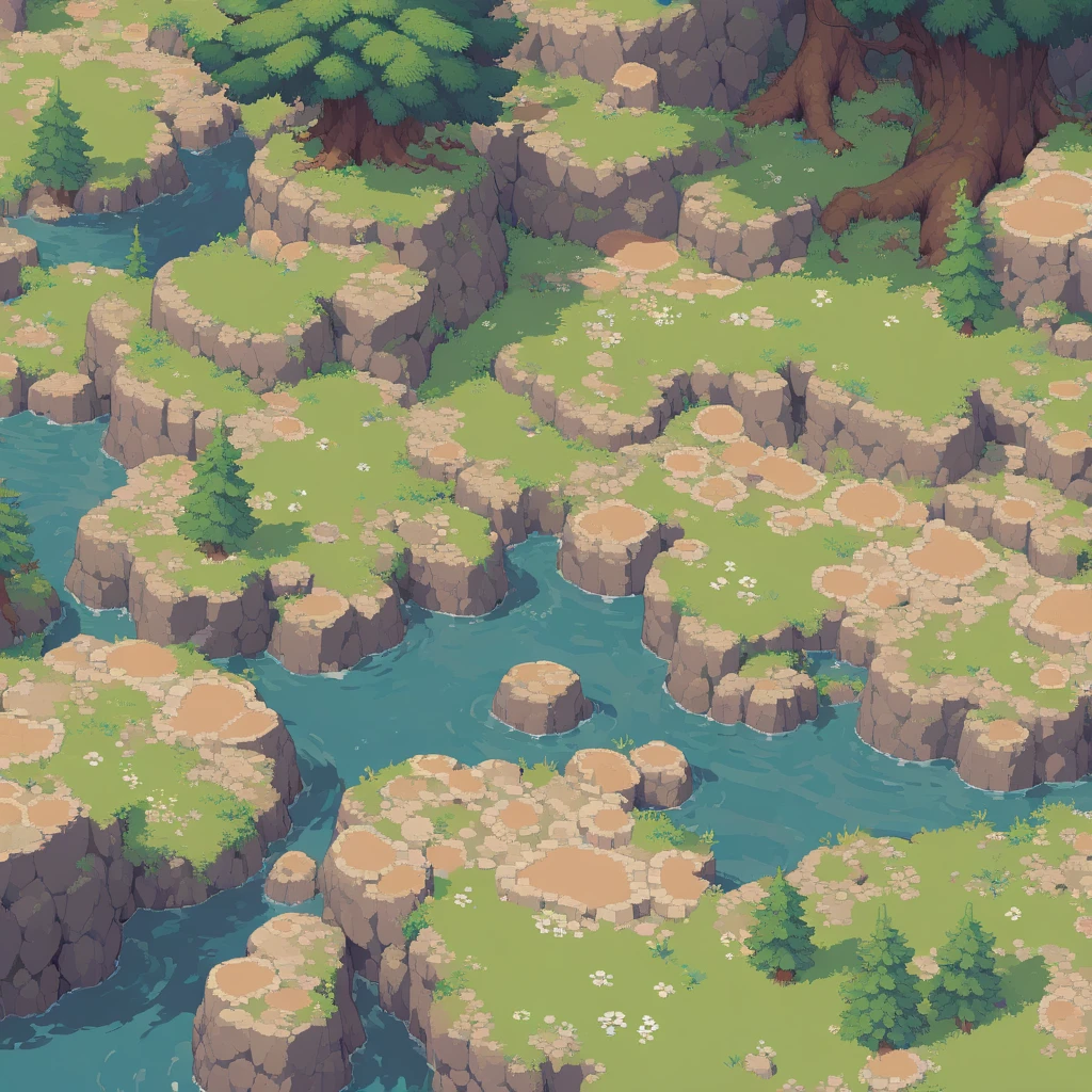 retro video game style,pixelated, vibrant pastel colors,8-bit characters,blocky shapes,sharp lines,detailed shading,classic gaming vibe,nostalgic atmosphere,classic arcade games,masterpiece:1.2,ultra-detailed,illustration style, 2d texture, stone texture, 4 k seamless mud texture, video game texture, dirt texture, tileset, game tiles, grass, 3/4th perspective trees, 3/4th perspective tileable rock texture, 3/4th perspective tileable cliff formations, tileable trees, topdown view, game texture, game art, tileable texture, very detailed cliff texture, intricate stones, top down view, 3/4th perspective