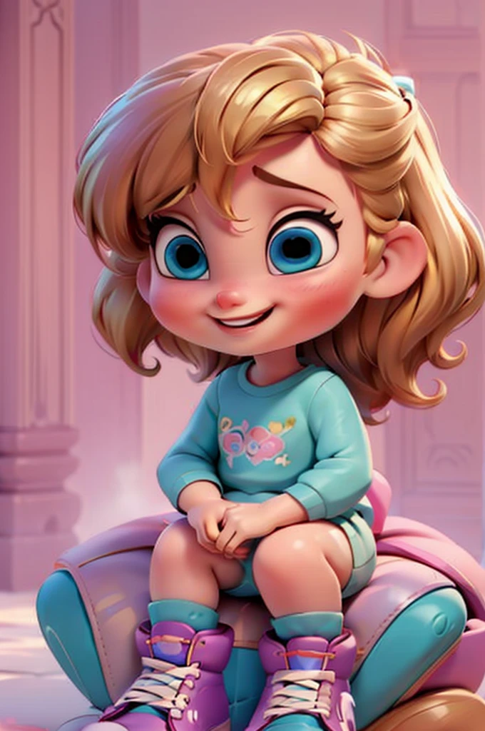 cute  chibi girl blonde hair, bow in head, white and pink background, smiling happy, blue eyes, big eleyelash, rosy cheeks, blue shoes
