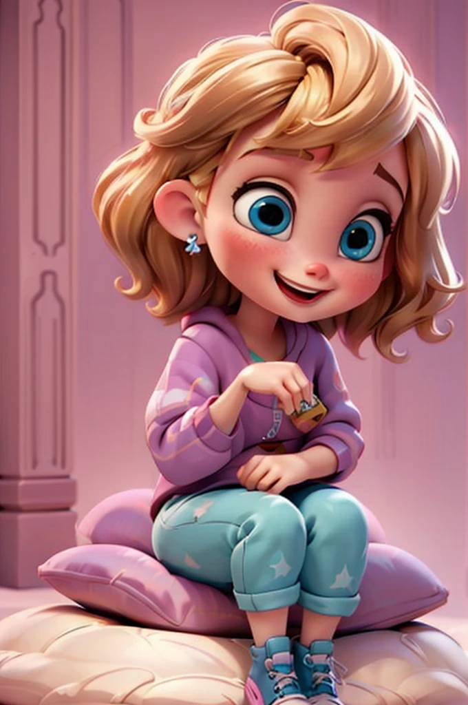 cute baby chibi girl blonde hair, bow in head, white and pink background, smiling happy, blue eyes, big eleyelash, rosy cheeks, blue shoes