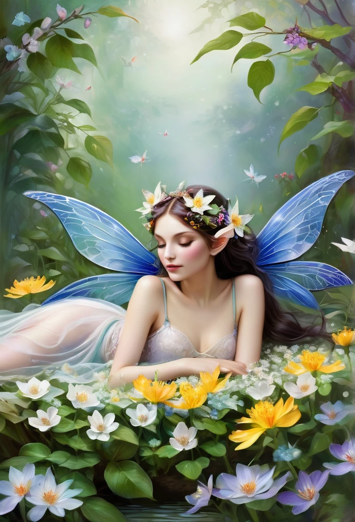 faerie,(full body),elf ears,dragonfly wings, sensually laying down sleeping on flowers,hair decorated with flowers, Branches and Leaves,around a scene of magic,with flowers,a bit of mist(high qualiy),(refined details),(work of art)(monet style)