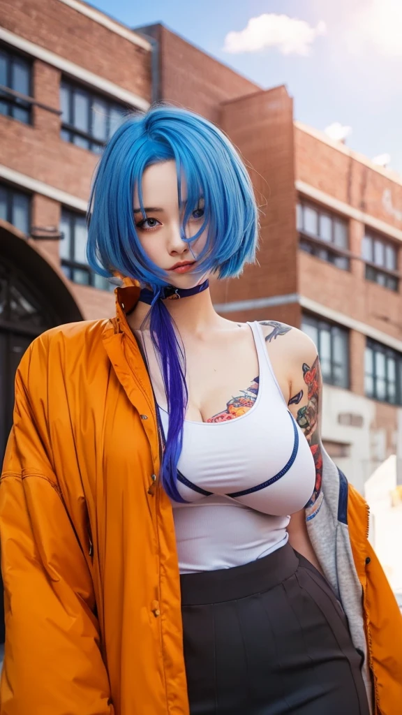 Cute girl with blue hair and orange jacket standing in front of a building, realistic