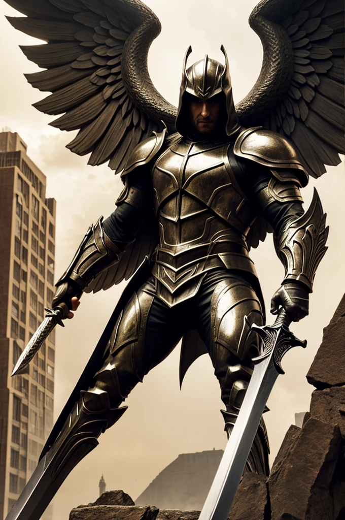 Archangel man, giant sword ,fighting demon