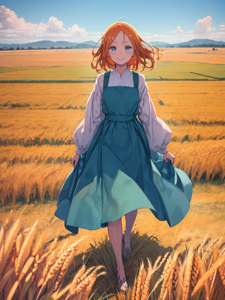 1 Girl, alone, Long Orange Hair, running, (Tall wheat field), Turn around, Emerald Eyes, long blue dress, middle ages, middle agesの衣装, long sleeves, Light from behind, Shadow of a person, smile, Laughter, (blue sky), Wheat background, Standing at a distance, Looking at the audience, full length