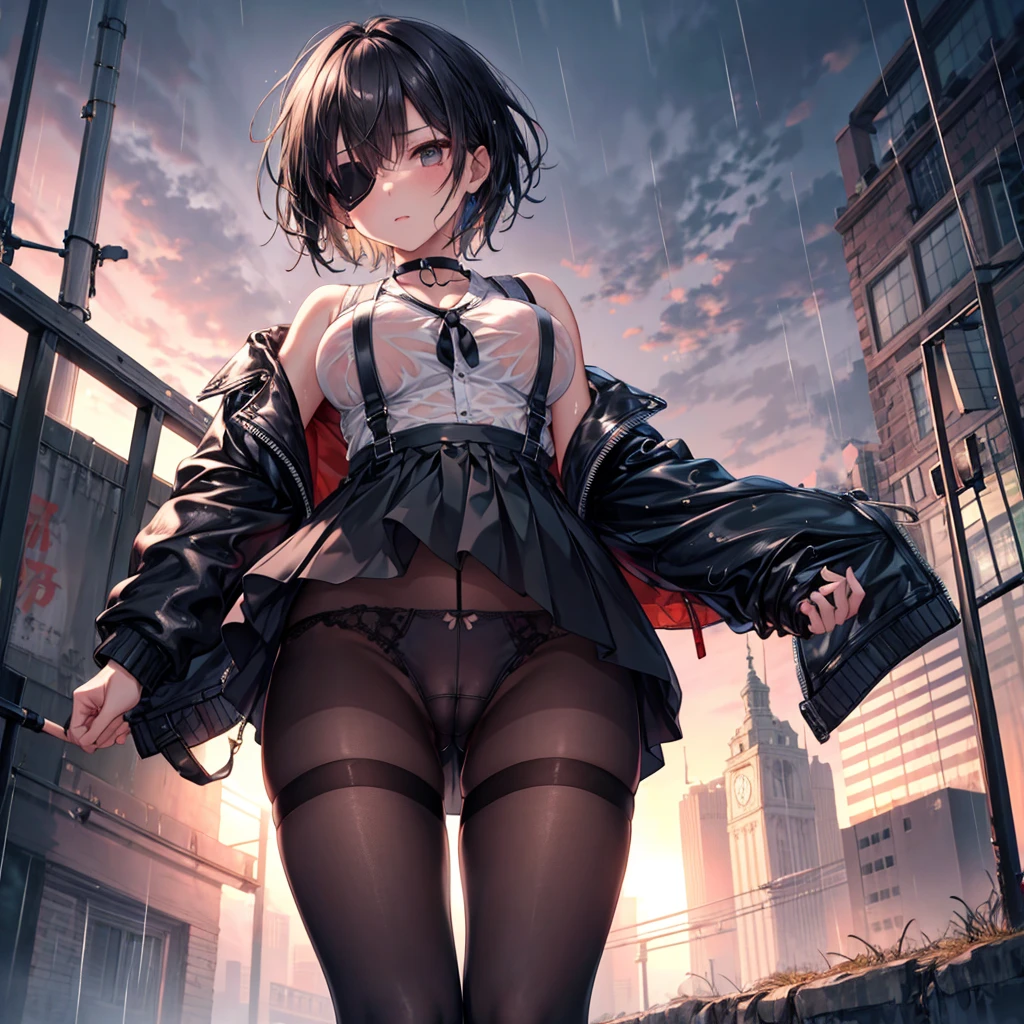 ((Highest quality)), ((masterpiece)), ((detailed)), (4K),1girl, 独奏, (eyepatch), short hair, crop top, leather jacket, large breasts, Miniskirt, suspender skirt, torn pantyhose, panties under pantyhose, cameltoe, choker, bracelet, (rain), ((wet)), see through, (expressionless), scowl, (from below), (looking down), looking at viewer, (open legs), wasteland, town