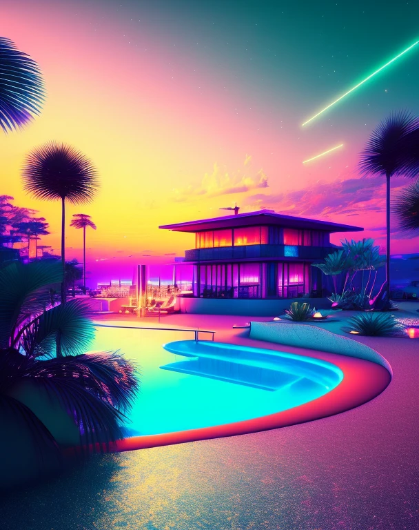 vaporwave aesthetic,failed digital art,retro futuristic landscape,neon lights,
SUNSET,Japanese characters,palmtrees,80s style,
lo-fi vibes,aesthetic vaporwave color palette: 
(best qualityer,4K,8K,high resolution,work of art:1.2),ultra detali,(realisitic,photorealisitic,
photo-realisitic:1.37),glittering lights,reflective surfaces,
atmosfera tranquila,synthwave music,
Indoor pool,calm and dreamy environment,
Cityscape at dusk,surreal and nostalgic,smooth gradients,technological failures,
3D rendered objects,pastel color scheme,vibrant and rich colors