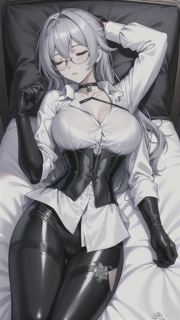Masterpiece, Beautiful art, professional artist, 8k, art style by sciamano240, rostro de Bronya Zaychik, detailed body, Very detailed face, Closed eyes, Detailed clothing, detailed fabric, Best Quality, better resolution, 1 girl, View from above, lying on a bed, big breasts, sleeping expression, Closed eyes, At night , silver hair, glasses, choker:1.6, (white collar button down long sleeve shirt), (shiny black corset), black gloves that cover your hands, (shiny black leggings), looking at the viewer, elegant room, At night