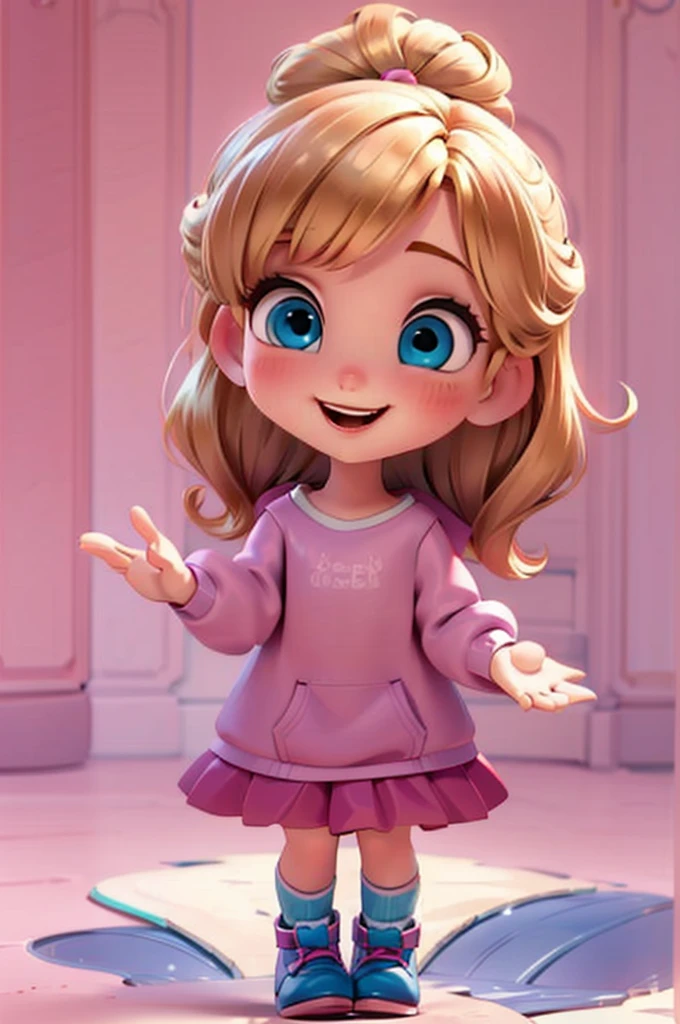 cute baby chibi girl blonde hair, bow in head, white and pink background, smiling happy, blue eyes, big eleyelash, rosy cheeks, blue shoes