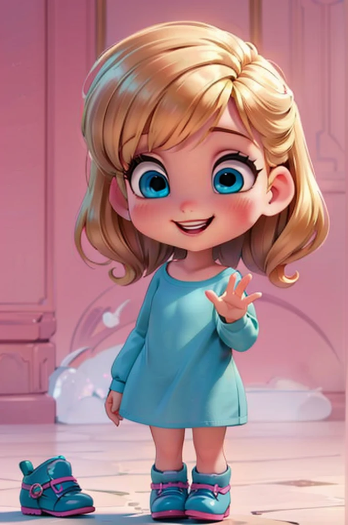 cute baby chibi girl blonde hair, bow in head, white and pink background, smiling happy, blue eyes, big eleyelash, rosy cheeks, blue shoes
