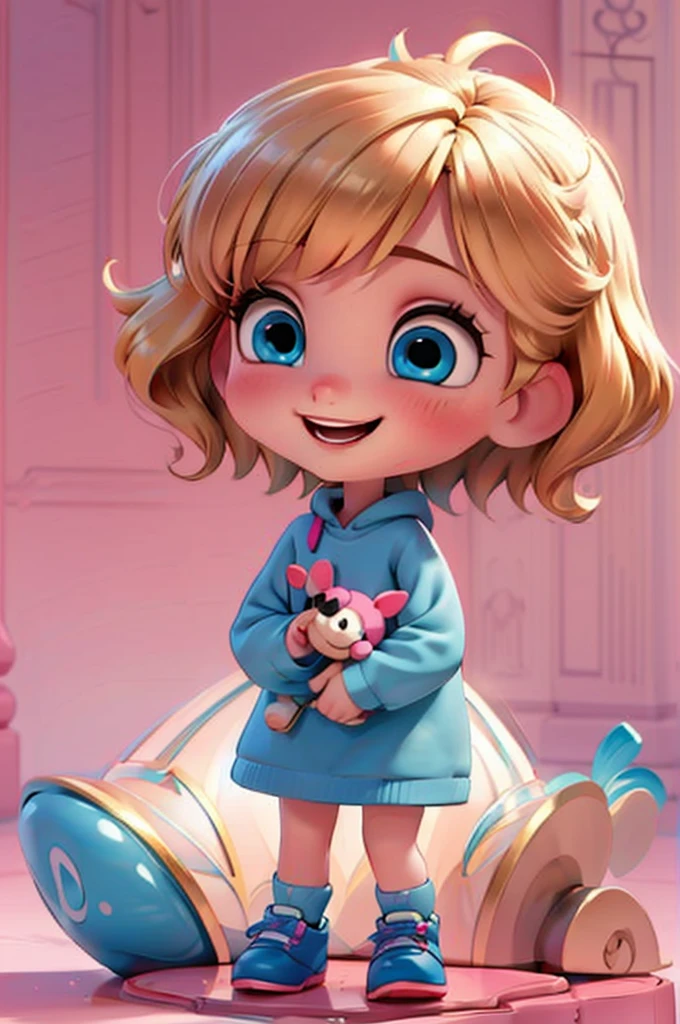 cute baby chibi girl blonde hair, bow in head, white and pink background, smiling happy, blue eyes, big eleyelash, rosy cheeks, blue shoes