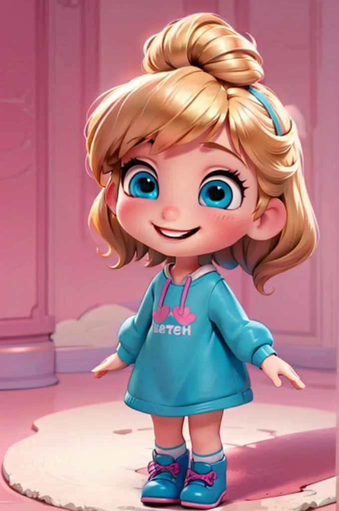 cute baby chibi girl blonde hair, bow in head, white and pink background, smiling happy, blue eyes, big eleyelash, rosy cheeks, blue shoes
