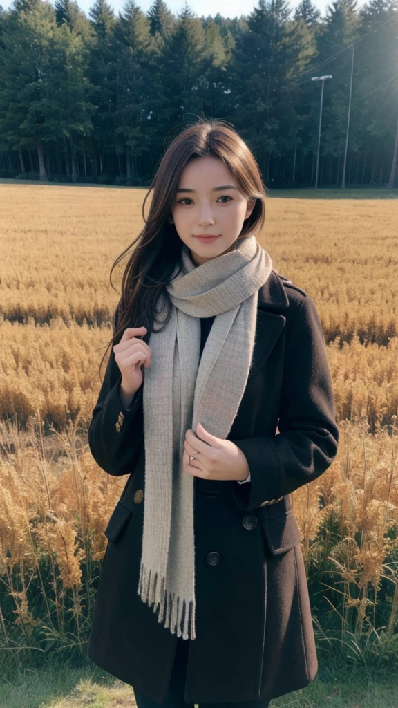 8K, Highest quality, masterpiece, Realistic, Super detailed, photo Realistic, Improvement of quality,
Photo of a girl standing in a field wearing a scarf, The designer's dark and gloomy style, Large chunk, Photobash, Calm face, Jagged Edges, navy, Natural Beauty, Close-up shot,Make the person in the photo completely naked