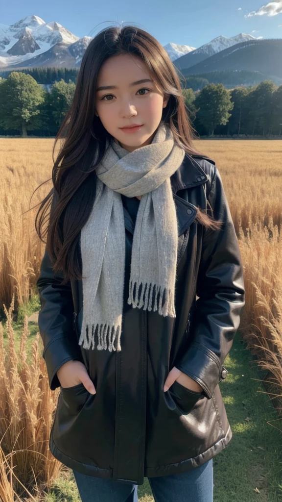 8K, Highest quality, masterpiece, Realistic, Super detailed, photo Realistic, Improvement of quality,
Photo of a girl standing in a field wearing a scarf, The designer's dark and gloomy style, Large chunk, Photobash, Calm face, Jagged Edges, navy, Natural Beauty, Close-up shot,Make the person in the photo completely naked
