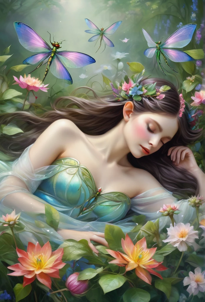 faerie,(full body),elf ears,dragonfly wings, sensually laying down sleeping on flowers,hair decorated with flowers, Branches and Leaves,around a scene of magic,with flowers,a bit of mist(high qualiy),(refined details),(work of art)(monet style)