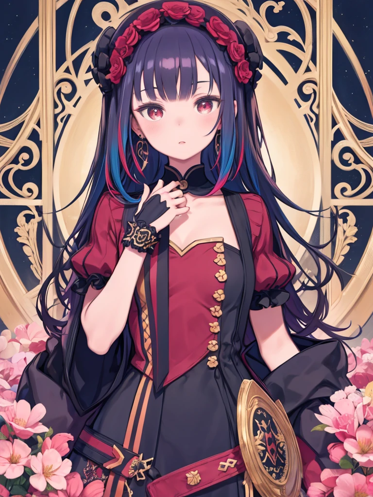 (masterpiece, Highest quality), One girl, Effie, Multicolored Hair, Red eyes, Earrings, Two-tone hair、Upper Body、