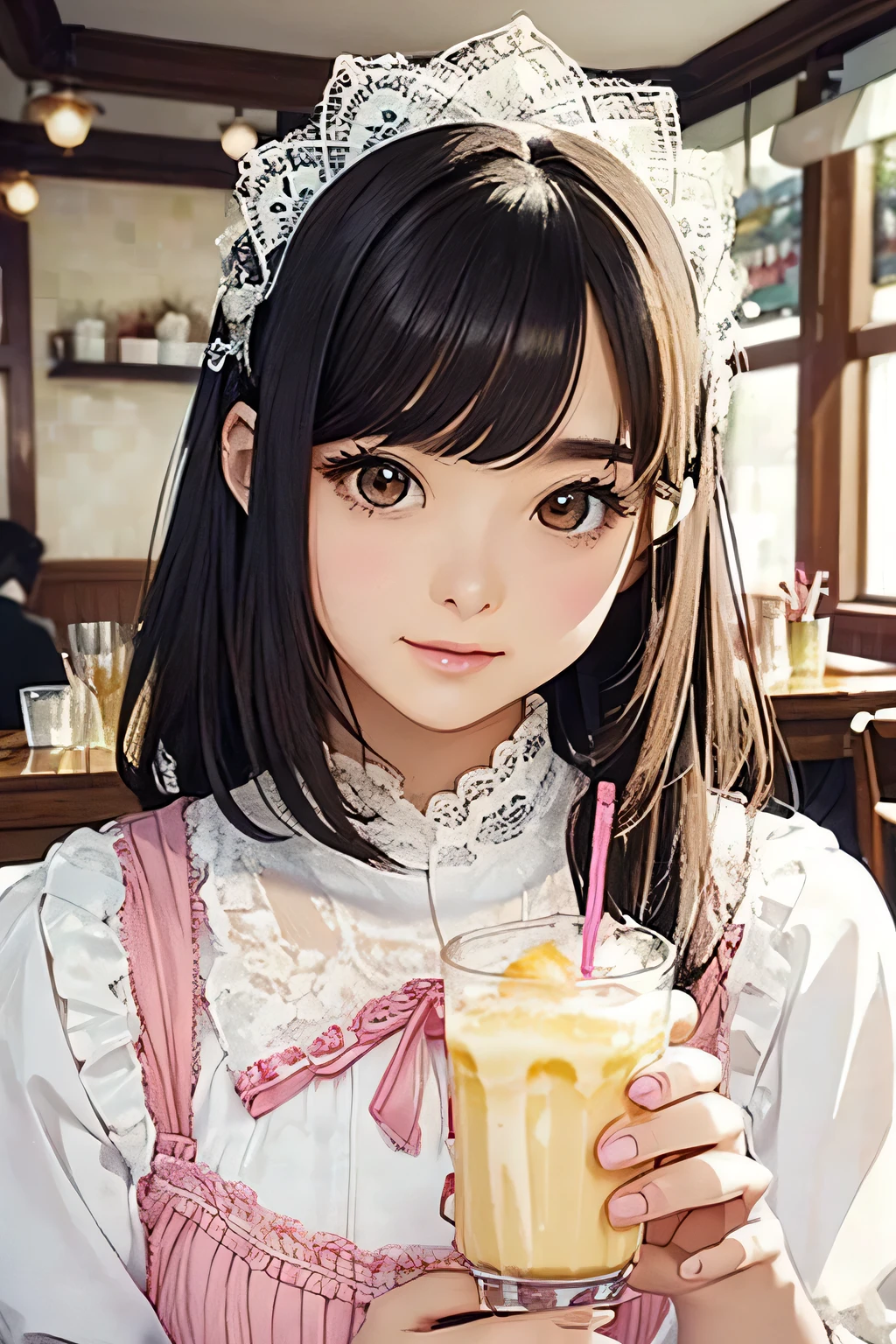 Highest quality、High resolution、Detailed Background、(Beautiful face in every detail:1.4)、Anatomically correct、(Draw the usual number of fingers:1.4)、(Detailed facial expressions)、Beautiful girl in her 20s、(Highly detailed face:1.4)、well-groomed eyebrows、Cute Eye Makeup、Cute Lip Makeup、Do cute things、
Upon entering the bright interior, you'll see cute ladies gathered at the counter seats and small round tables by the window.、
Dresses and skirts、Tops etc.、The soft, refreshing pastel colours of the outfit are eye-catching.、The ribbon and lace design gives it a cute look.、
Bob or medium hairstyle、Long etc.、It's full of personality、Hair accessories make her look even cuter.、
While looking at the menu、They are engaged in lively conversation with a smile.、
Cafe latte or fruit tea、Smoothies etc.、holding colorful drinks、
Drinking elegantly、I'm spending my time with a relaxed expression.、
Operate your smartphone、Taking photos together、It seems like a fun time.、
It is a scene where you can feel feminine grace and cuteness in the slow flow of time.、
Carefully expressing the soft atmosphere and cuteness of women、so beautiful