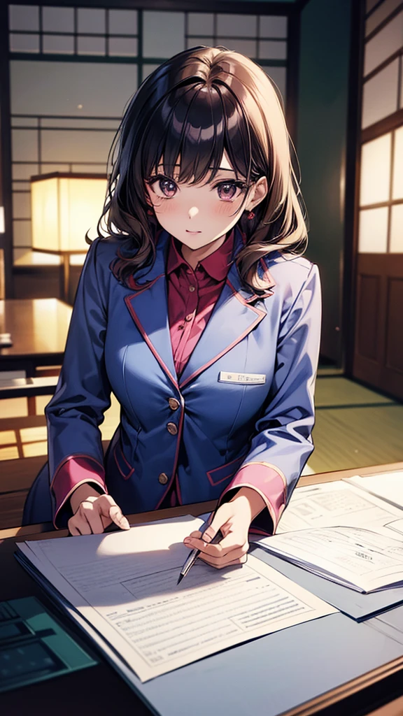 high quality, 8K, 1. Japanese women(30th Generation), office, Bubble Economy, OL uniform(suit), Perm Hair, Shoulder pads, On call, Word processor on desk, A vibrant workplace, 80s decor, Sharp focus