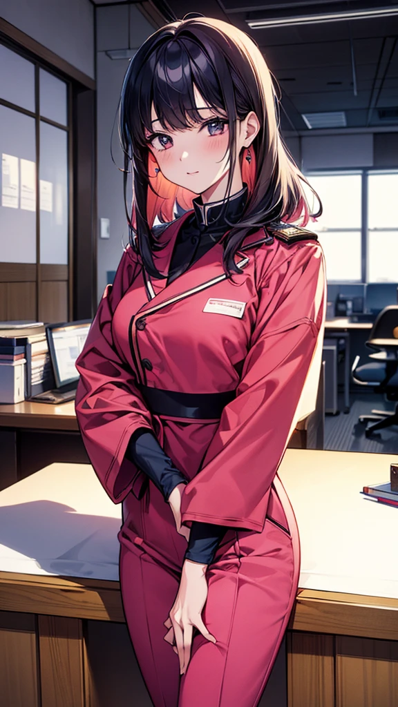 high quality, 8K, 1. Japanese women(30th Generation), office, Bubble Economy, OL uniform(suit), Perm Hair, Shoulder pads, On call, Word processor on desk, A vibrant workplace, 80s decor, Sharp focus