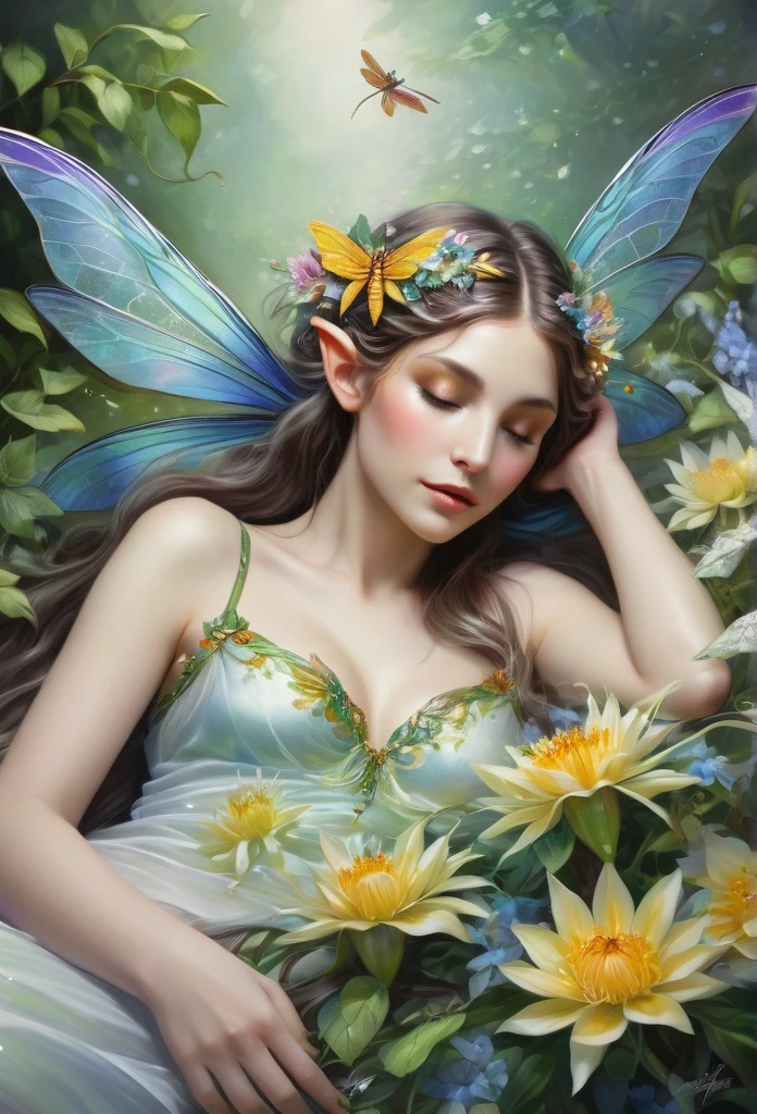 faerie,(full body),elf ears,dragonfly wings, sensually laying down sleeping on flowers,hair decorated with flowers, Branches and Leaves,around a scene of magic,with flowers,a bit of mist(high qualiy),(refined details),(work of art)(monet style)