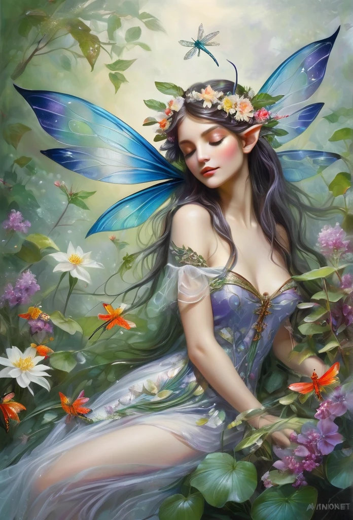 faerie,(full body),elf ears,dragonfly wings, sensually laying down sleeping on flowers,hair decorated with flowers, Branches and Leaves,around a scene of magic,with flowers,a bit of mist(high qualiy),(refined details),(work of art)(monet style)