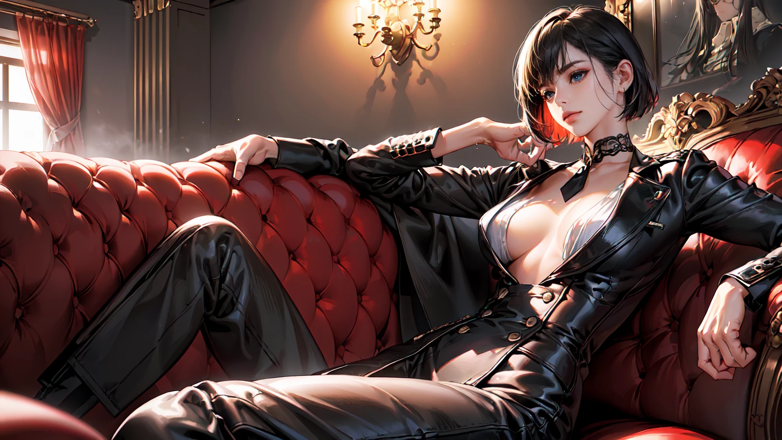 (Epic Showcase Designs in Detail)(Masterpiece, Best Quality, Ultra High Resolution , Digital Art,Beautiful and Aesthetic )Perfect proportions of the body , not an ordinary perspective . ( One Fashionable adult girl with a short oblique bob, slender figure, ) in modern suit in professional performance ,  long tie , (silk thick threads of red color connect the necklines on the sides of the whole suit) , . The character sits on a large massive leather  sofa  , an interesting and atmospheric pose ,( 2.5D style  . realistic anatomy , beautiful perspective . Best image quality , pastel color , focus on the face  , well detailed eyes , detailed background in modern boudoir style . )