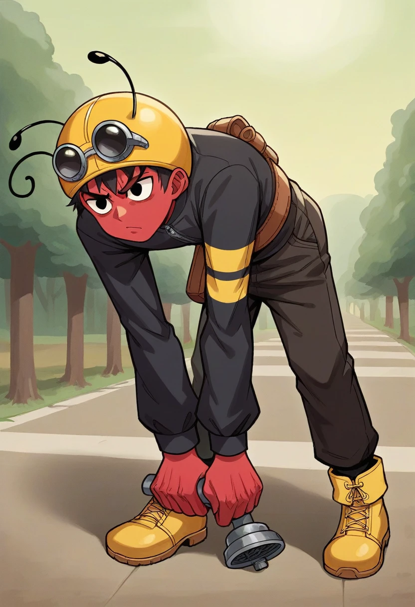Title: Realistic Image of Chapolin Colorado in Live-ActionDescription: Create a detailed and realistic image of Chapolin Colorado, iconic Mexican character played by Roberto Gómez Bolaños, em estilo live-action.General appearance:Physical appearance equal to Roberto Gómez Bolaños: Round face, friendly traits, determined and naive look.skin fair, dark brown short hair, simple hairstyle.tenue:Red skin-tight outfit with yellow heart symbol and letters "ch" On the chest.Yellow insect antennae on the head, yellow boots."Bionic sledgehammer" (yellow hammer) In one hand, com textura realista.scenario:scenario urbano diurno, typical of a Latin American neighborhood, with buildings, carriages, poles and trees.Natural lighting with soft shadows to highlight costume and scenery details.Expression and posture:Determined and courageous facial expression, with a touch of innocence.heroic stance, slightly leaning forward, a hand holding the "Bionic sledgehammer" raised and the other on the waist.textures and details:Realistic textures do not suit, with natural wrinkles and folds.natural textured skin, pores and light shine.Accessories such as antennas and hammer with a slightly worn appearance, indicating frequent use.Inspirations:Images of the original Chapolin Colorado.Photographs by Roberto Gómez Bolaños.scenarios urbanos latino-americanos reais.