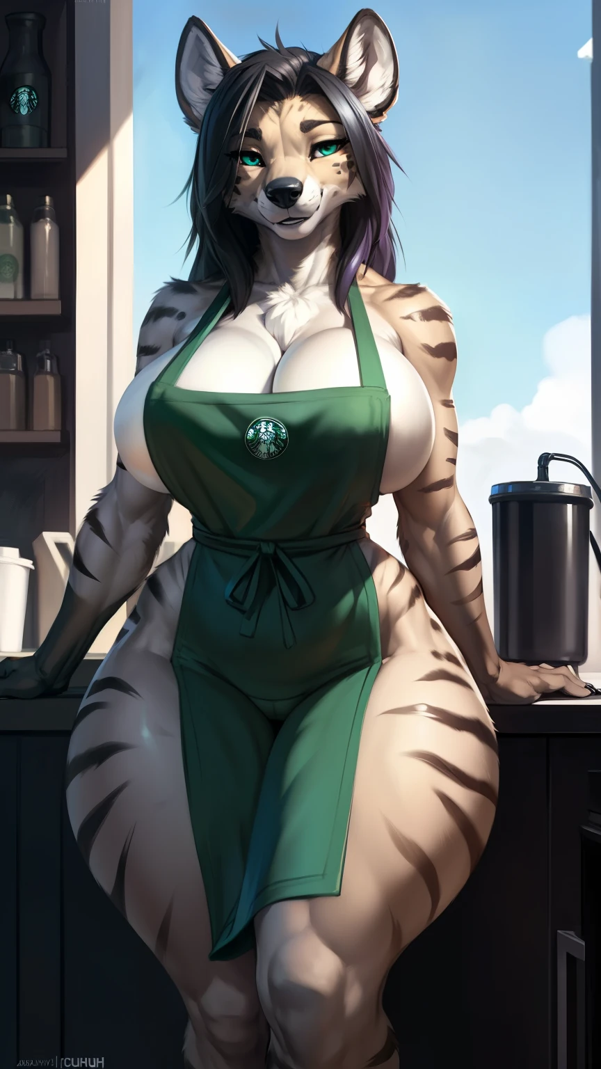 (anthro)) hyena, Ross Tran, by ruan jia, by zaush, by foxovh, by cutesexyrobutts, by cervina_7, by sligarthetiger Best Quality, masterpiece,, Illustration, Wallpaper,1girl in, Solo, black hair, purple striped hair, puffy luscious hair, Beautiful detailed girl, extremely detailed eye and face, Beautiful detailed eyes, natural_Lighting, Glow,NSFW, Looking at Viewer, Thick_thighs, big ass, tall, hourglass figure, female, cute, Starbuck, casher, barista, Starbucks apron, large breasts, natural breasts, tail, tall, happy expresion, wide hips thin waist, 8k