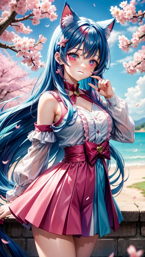 Half blue and red hair, pink eyes, woman, teal blue gold clothes,happy face, sexy, cat ears, hearts, floating hearts, face only,  long hair, smiling, cherry blossom, hair ornament
