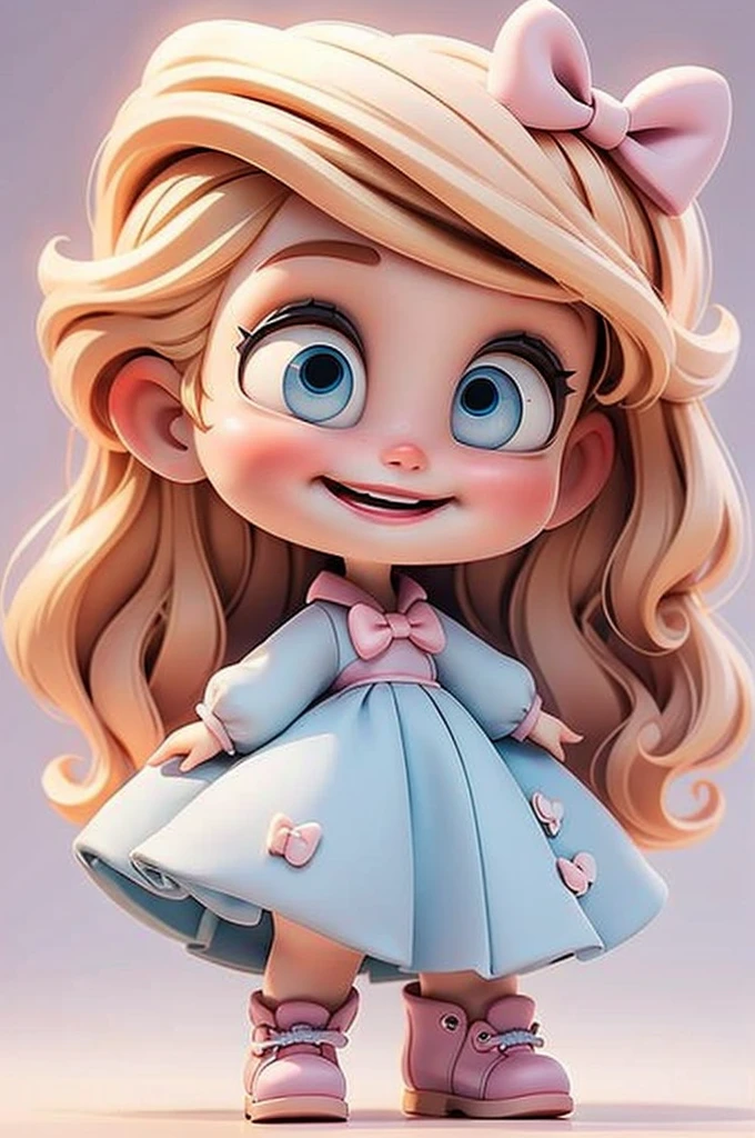 cute baby chibi girl blonde hair, bow in head, white and pink background, smiling happy, blue eyes, big eleyelash, rosy cheeks, blue shoes