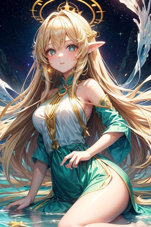 Imagine an anime girl with ethereal beauty, as if it had been sculpted by the same artists who painted the stars in the night sky. Her hair flows like a waterfall of golden threads, capturing sunlight in every strand. His eyes are two bright emeralds, full of life and mystery, reflecting a spirit that is both ancient and eternally young. The girl's skin has the soft glow of dawn, and her smile is so radiant that it could illuminate even the darkest corners of the heart.”