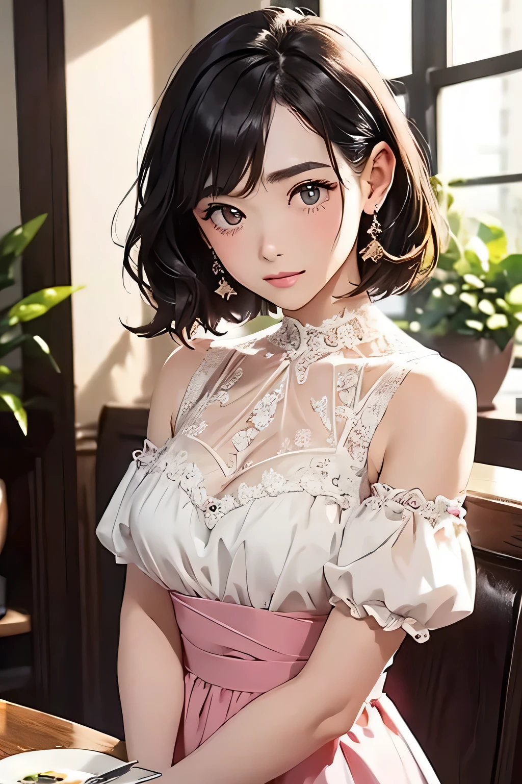 Highest quality、High resolution、Detailed Background、(Beautiful face in every detail:1.4)、Anatomically correct、(Detailed facial expressions)、Beautiful girl in her 20s、(Highly detailed face:1.4)、well-groomed eyebrows、Cute Eye Makeup、Cute Lip Makeup、Do cute things、
Upon entering the bright interior, you&#39;ll see cute ladies gathered at the counter seats and small round tables by the window.、
Dresses and skirts、Tops etc.、The soft, refreshing pastel colours of the outfit are eye-catching.、The ribbon and lace design gives it a cute look.、
Bob or medium hairstyle、Long etc.、It&#39;s full of personality、Hair accessories make her look even cuter.、
While looking at the menu、They are engaged in lively conversation with a smile.、
Cafe latte or fruit tea、Smoothies etc.、holding colorful drinks、
Drinking elegantly、I&#39;m spending my time with a relaxed expression.、
Operate your smartphone、Taking photos together、It seems like a fun time.、
It is a scene where you can feel feminine grace and cuteness in the slow flow of time.、
Carefully expressing the soft atmosphere and cuteness of women、so beautiful