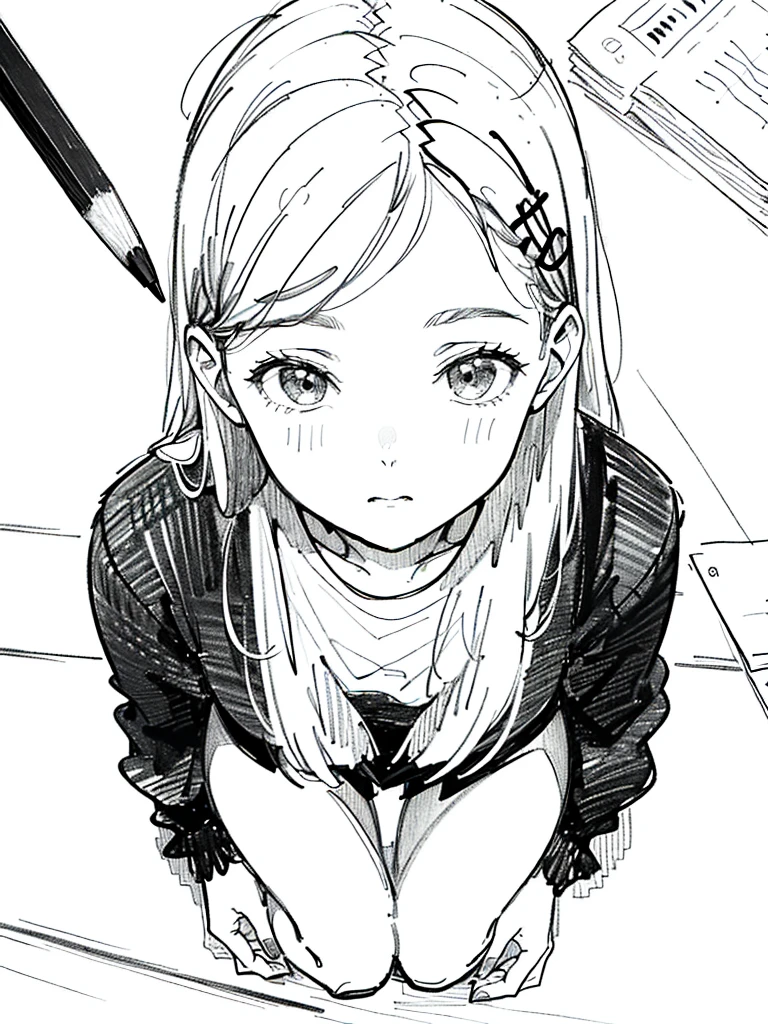 (((pencil art:1.2、line drawing、black and white art:1.2))), Black and white world、silence、None、A look of boredom、precise、work of art:1.5, Above Knee Shot