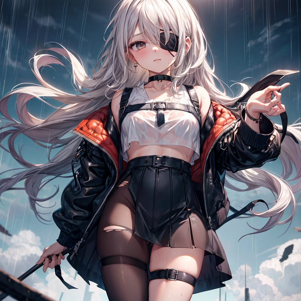 ((Highest quality)), ((masterpiece)), ((detailed)), (4K),1girl, 独奏, (eyepatch), crop top, leather jacket, Miniskirt, suspender skirt, torn pantyhose, panties under pantyhose, cameltoe, choker, bracelet, (rain), ((wet)), see through, (expressionless), scowl, (from below), (looking down), looking at viewer, (open legs), wasteland, town