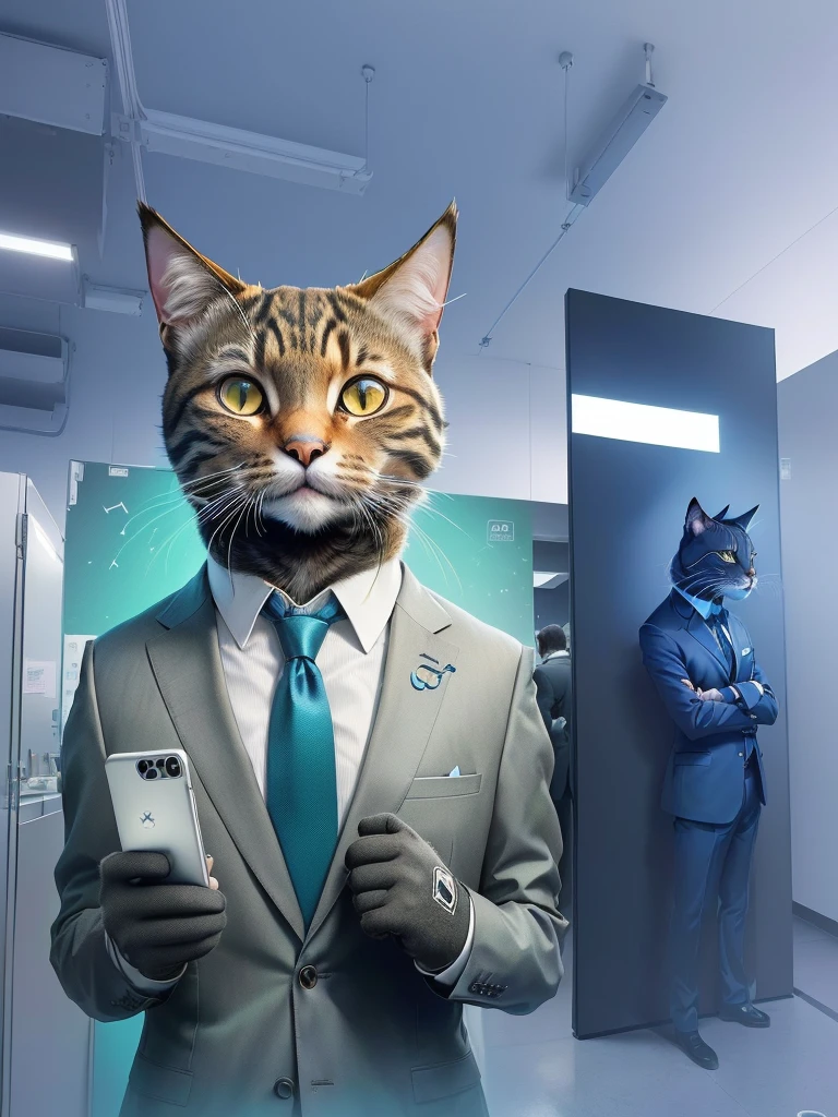 there is a cat in a suit and tie holding a cell phone, anthropomorphic cat, cyberfied, in the background there is a highly technological office combining, Papel de parede - 1 0 2 4, human cat hybrid, ready anthropomorphic, gato ciberpunk, an anthropo cat, cyborg cat, anthropomorphic lynx, cat from the void, stylized digital illustration, photo rendering, by Wayne England