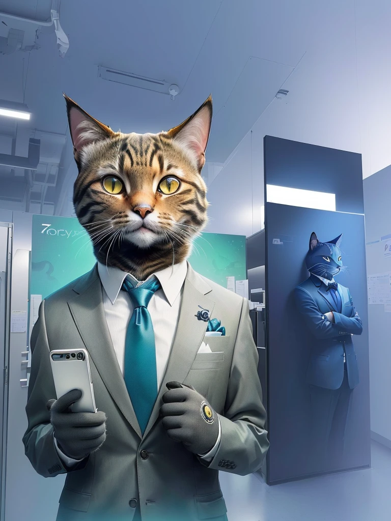 there is a cat in a suit and tie holding a cell phone, anthropomorphic cat, cyberfied, in the background there is a highly technological office combining, Papel de parede - 1 0 2 4, human cat hybrid, ready anthropomorphic, gato ciberpunk, an anthropo cat, cyborg cat, anthropomorphic lynx, cat from the void, stylized digital illustration, photo rendering, by Wayne England